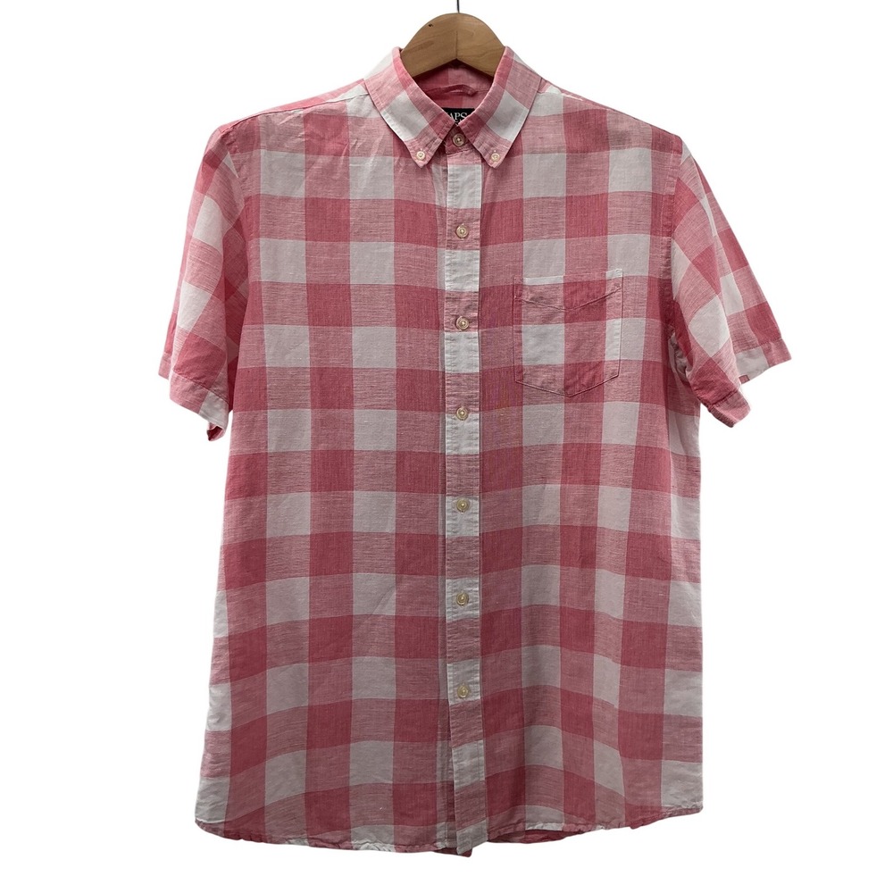 Chaps Mens Pink White Buffalo Check Linen Cotton Short‎ Sleeve Shirt Size M
